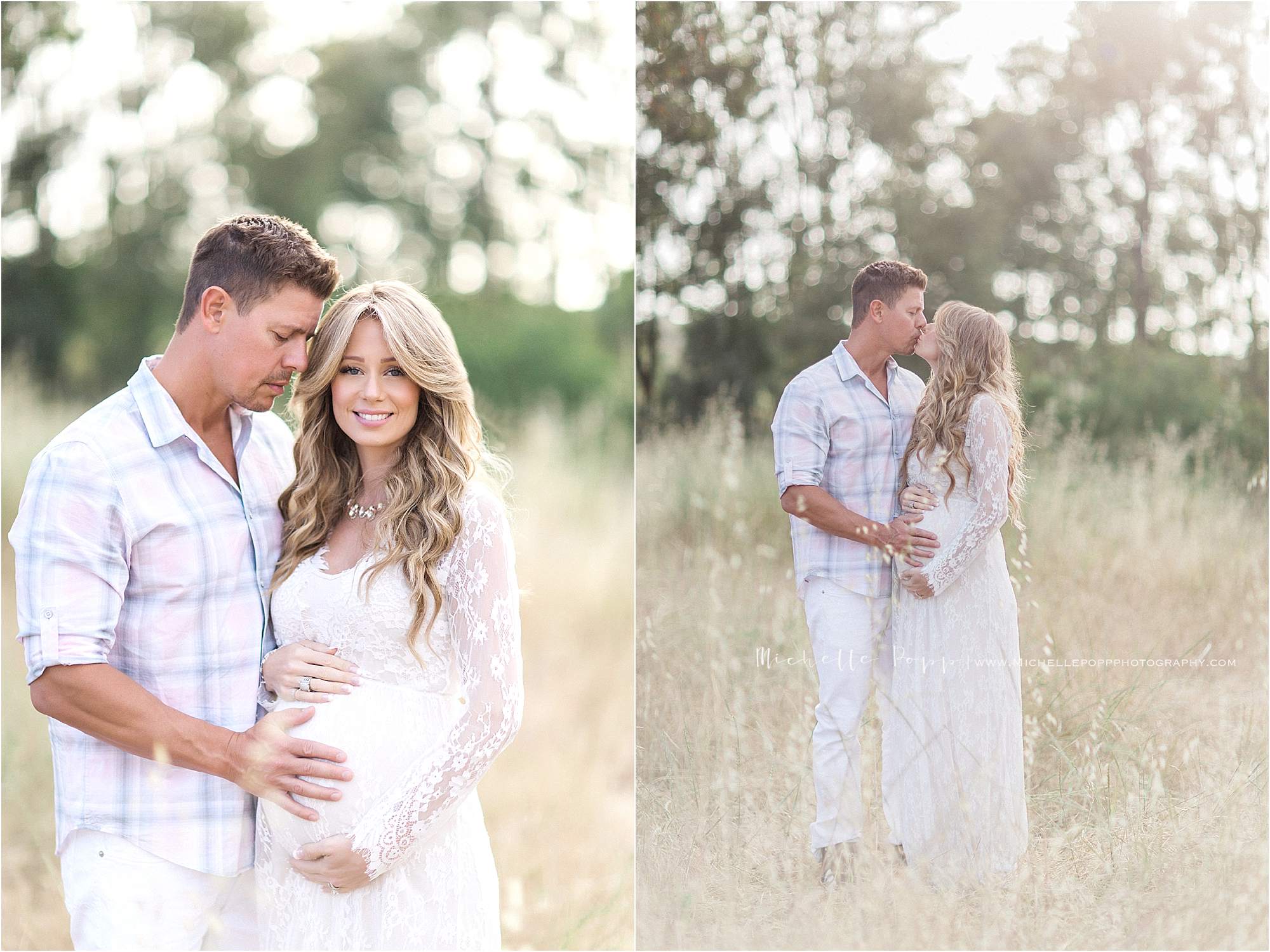 dad touching mom to be's belly in maternity photos