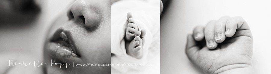 newborn portrait pictures of a baby's lips, feet, and hands