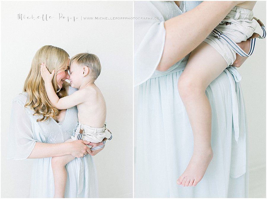 multiple shots of a mother holding her son close during a natural baby photography session in San Diego