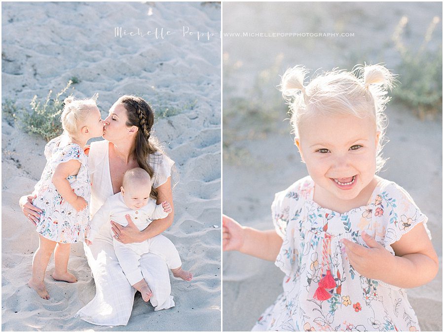 pictures of a smiling family and two year-old girl from a family beach photographer