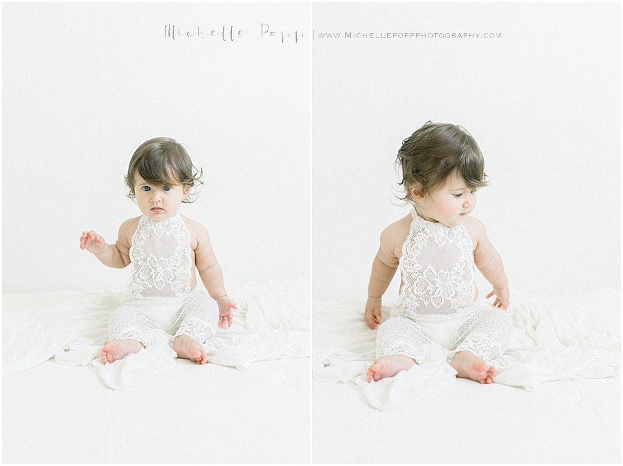 two pictures of a curious young baby girl during a photoshoot