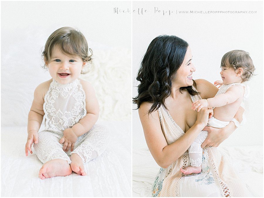 pictures of a smiling baby girl and her mother during a natural baby photography session