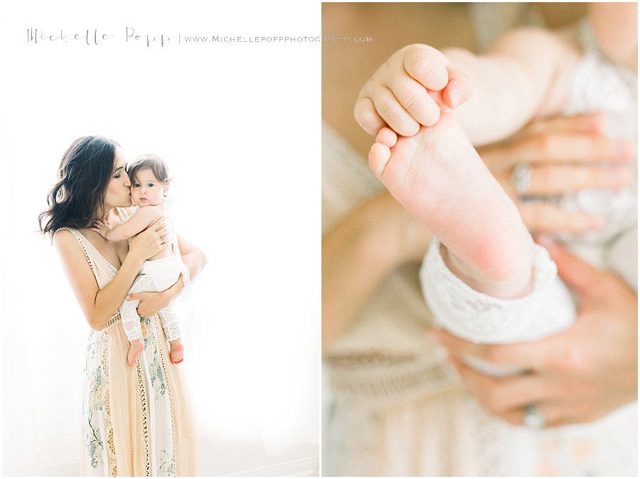 a picture of a mom kissing her baby girl as well a picture of a baby girl's foot