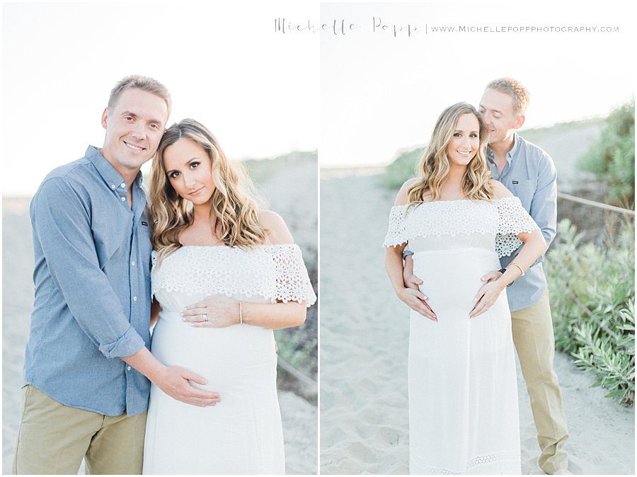 pictures of a man holding his wife close on a beach in Carlsbad
