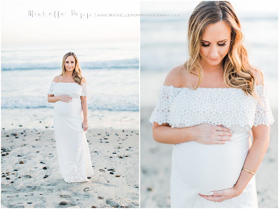pictures of a smiling mother in a white dress during her maternity photography session