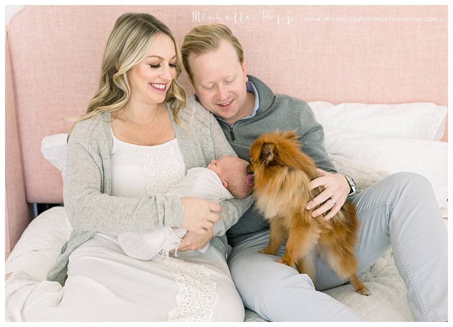 dog on bed with family 