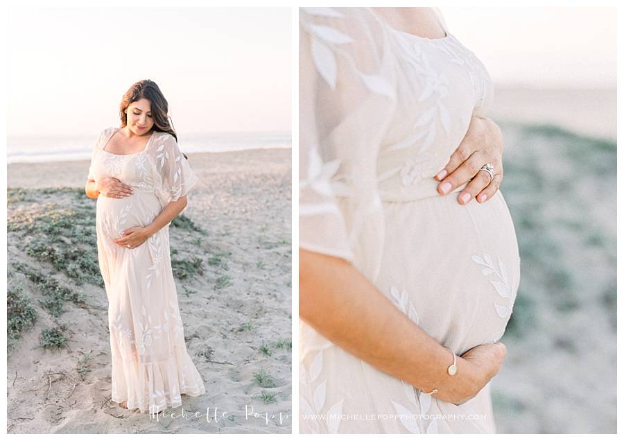 pregnant mother on beach in pink dress