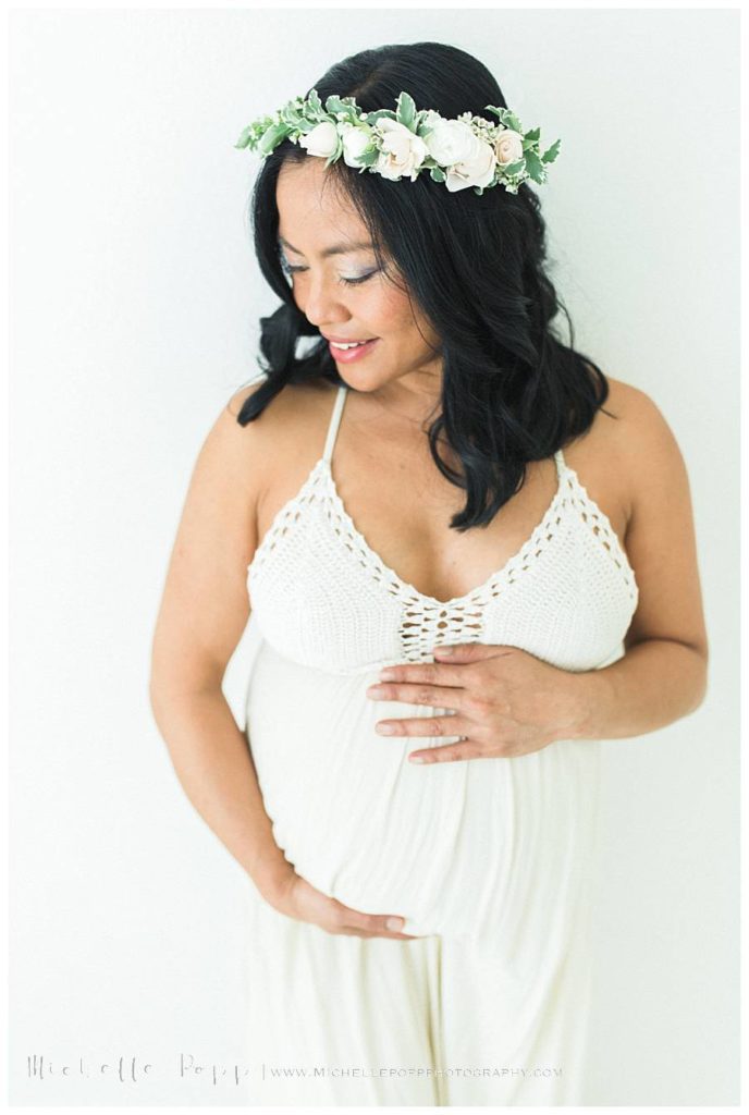 pregnant woman in white dress