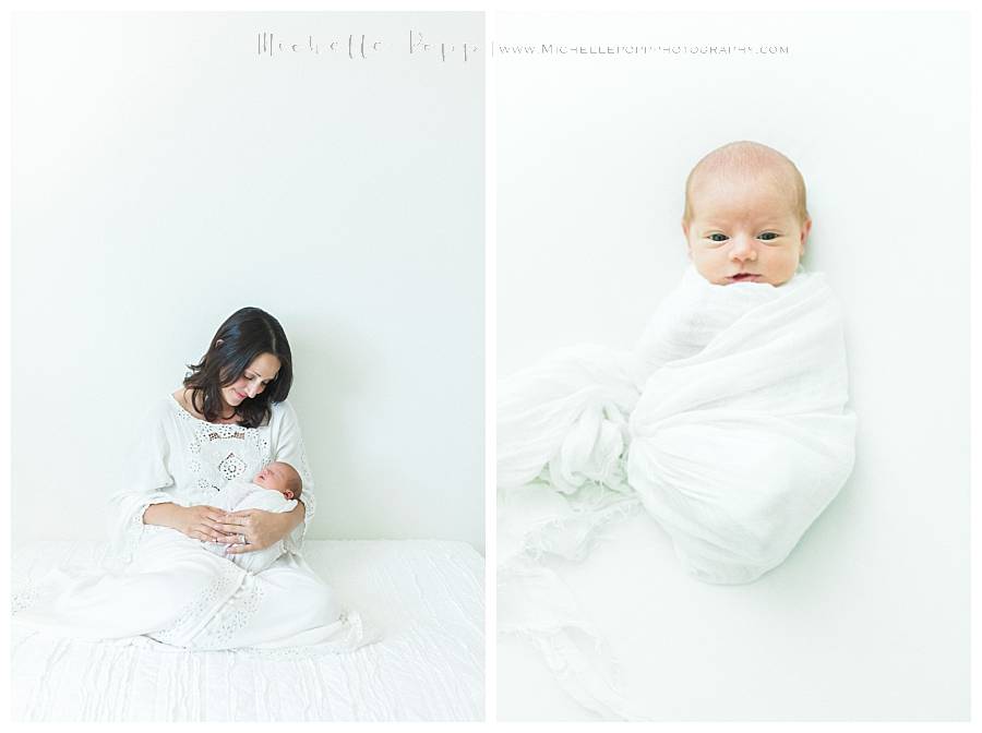 mom in white dress holding newborn baby