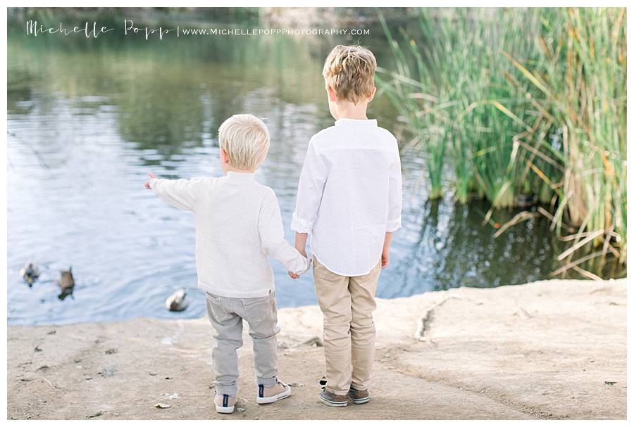 toddler boys holding hands facing water