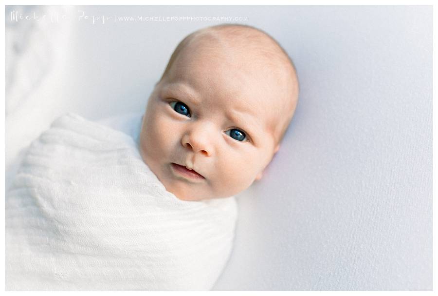 newborn baby in white swaddle looking at camera