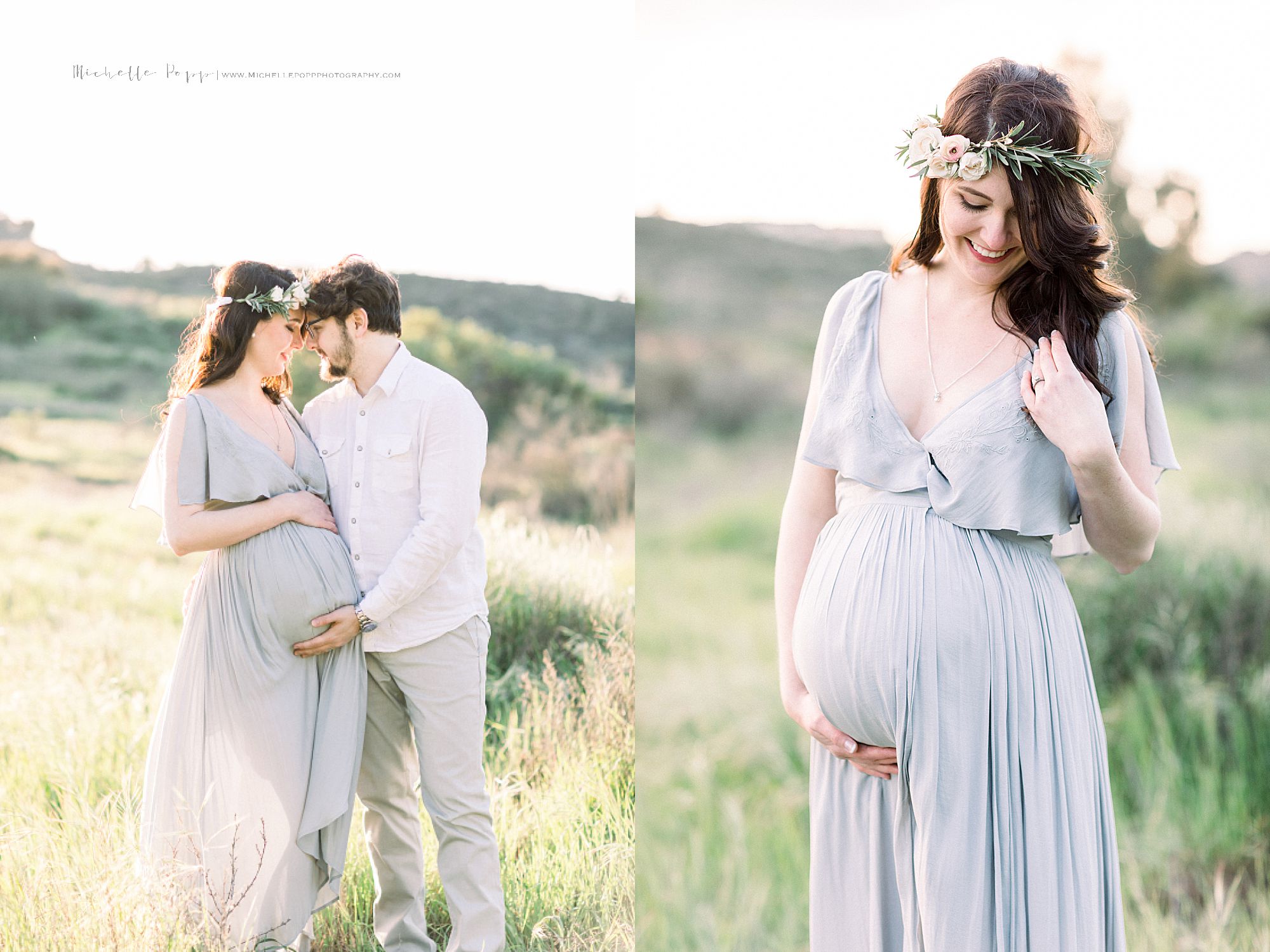 beautiful mom to be with floral crown in field