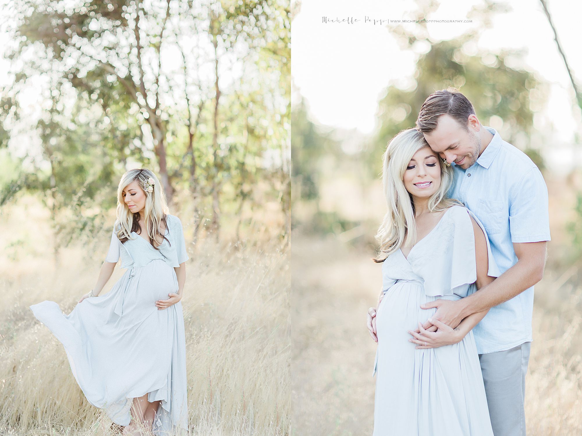 dad snuggling mom to be in field