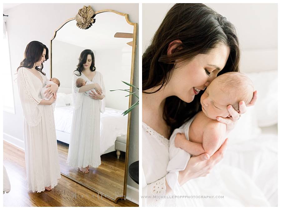 mom in white dress snuggling baby