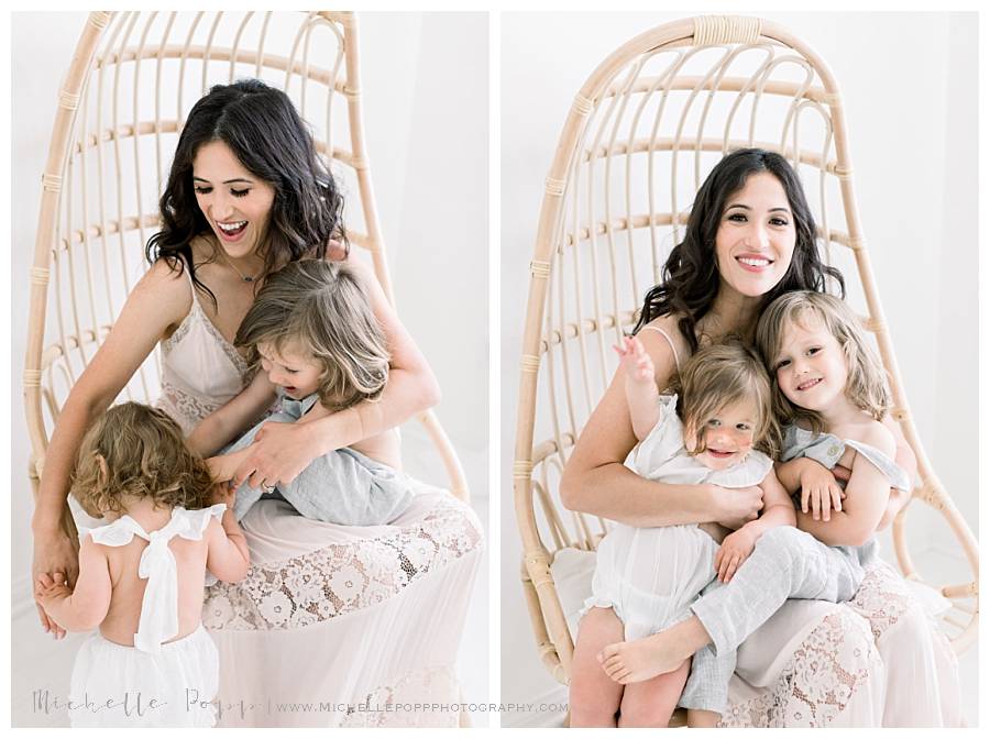 mom with two boys in chair