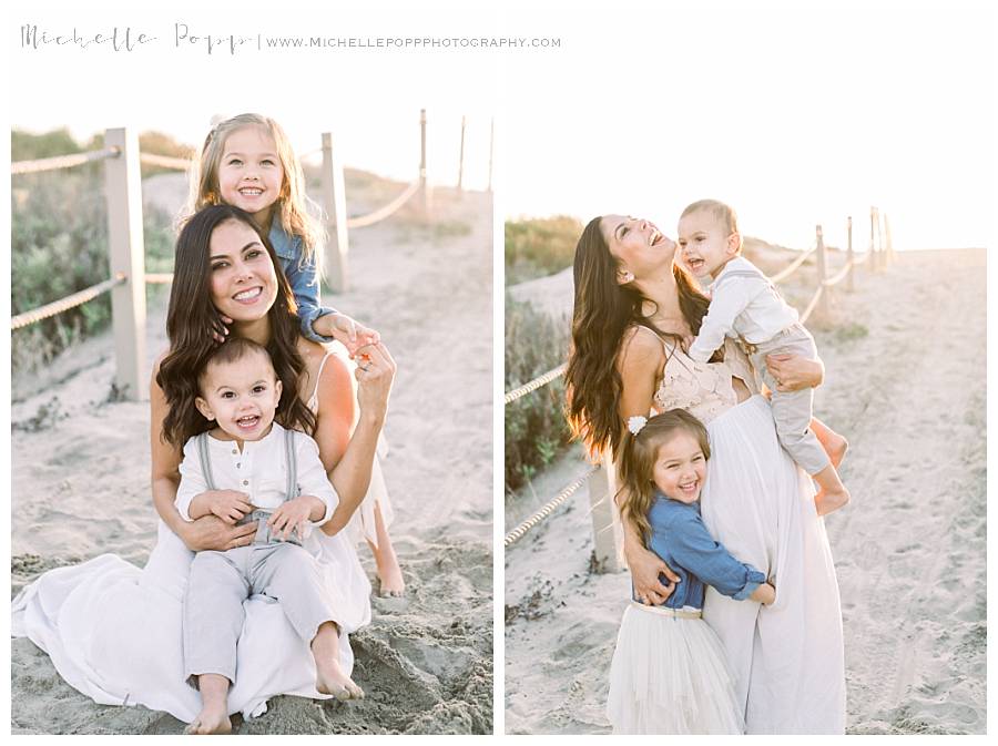 mom laughing with daughter and son