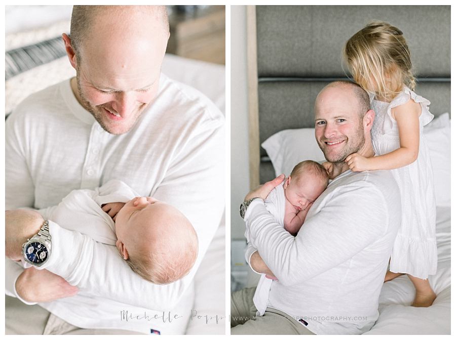 dad and two kids on bed