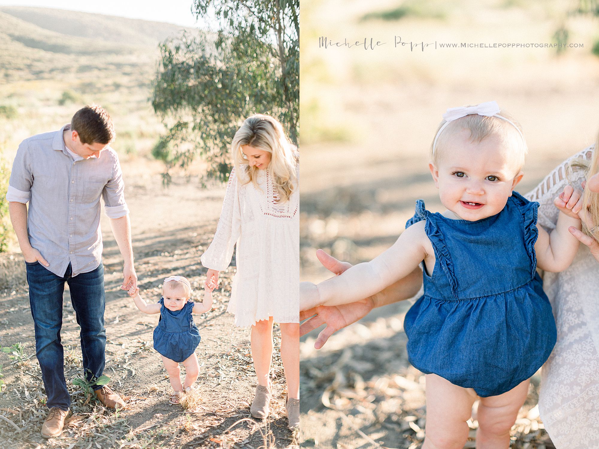 holding hands walking with baby girl in field