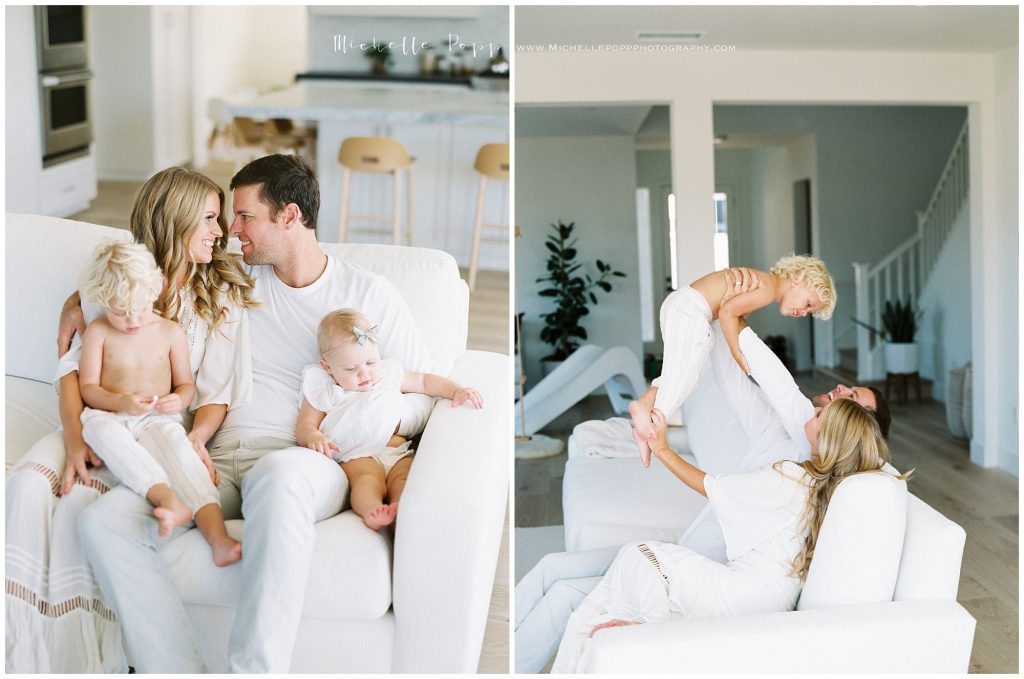 family sitting on couch snuggling