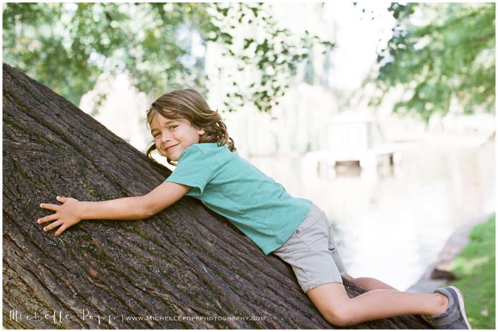 boy climing tree and smiling