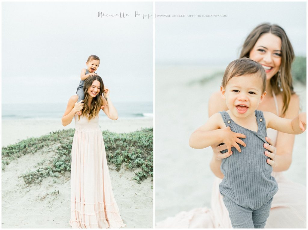 mom and little boy at the beach