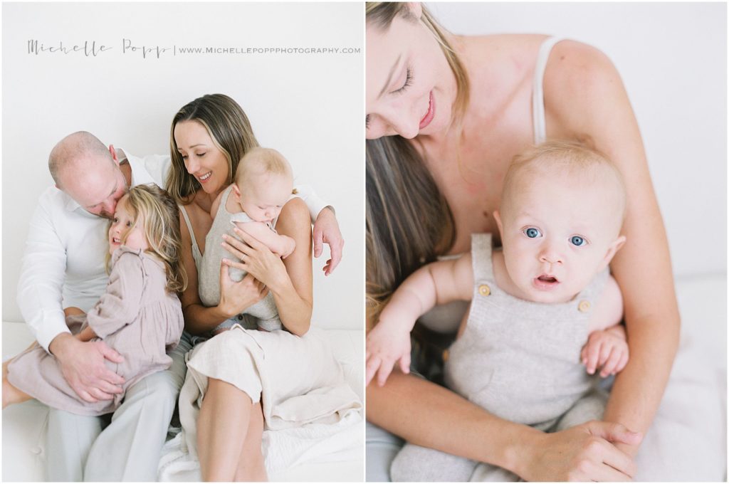 family snuggling in the studio in San Elijo Hillls