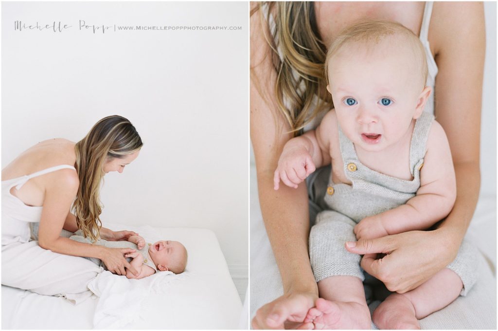 baby playing with mom at 6 month milestone session