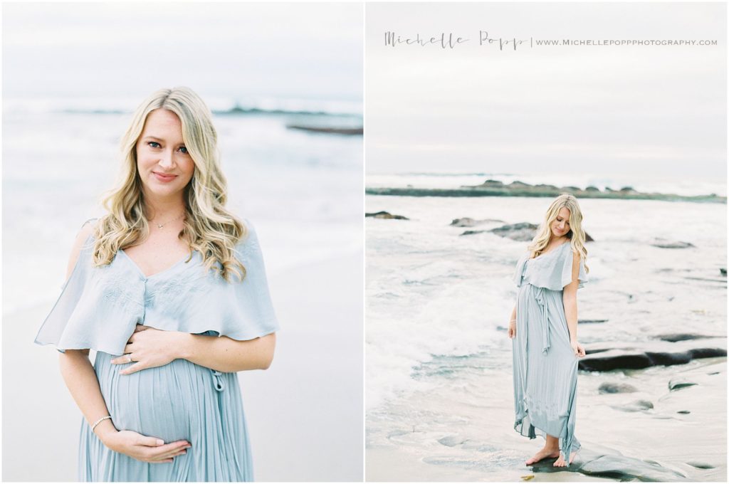 pregnant mom next to ocean at Windansea Beach maternity session 