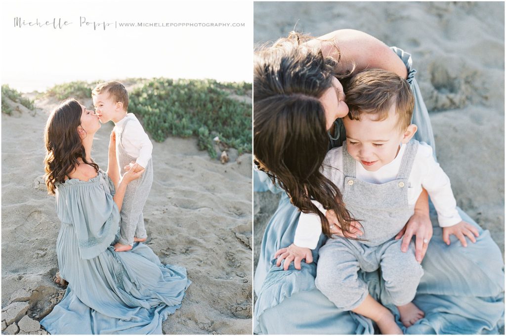 baby boy giving mom kisses at the beach 