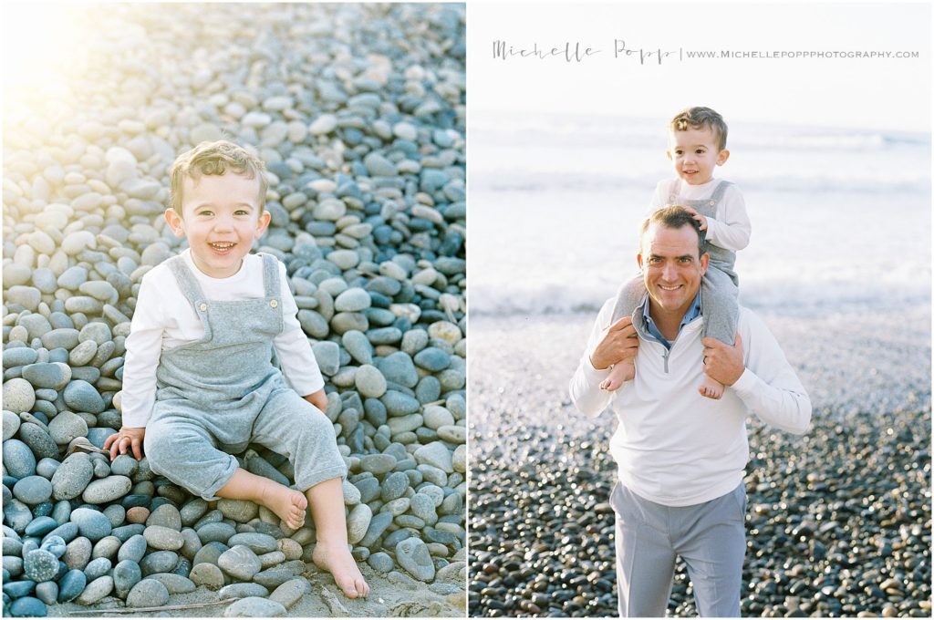 baby boy on dad's shoulders near the ocean 