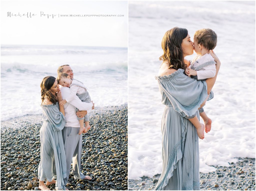 family snuggling on the shore 