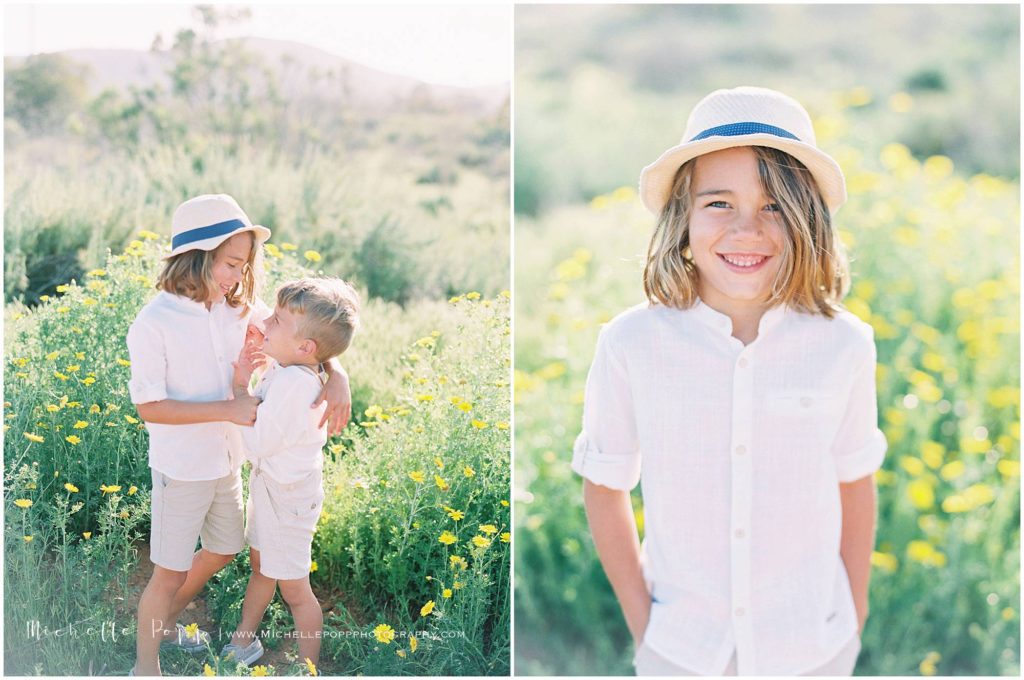 brothers in a field of San Diego wildflowers