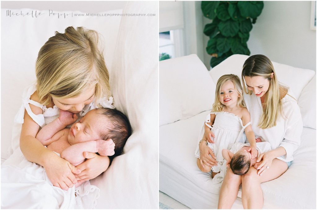 mom smiling down at daughters